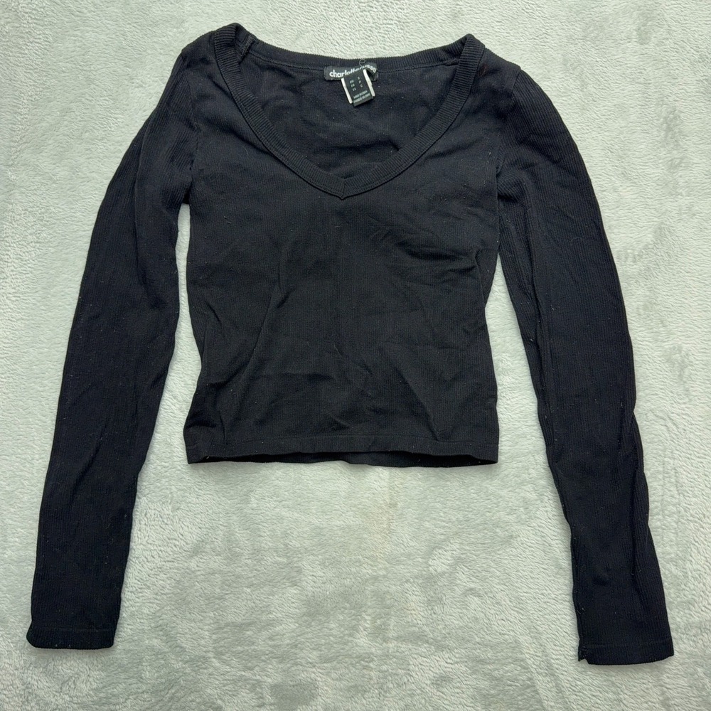 Charlotte Russe Y2k Top Womens Small Black V-Neck Ribbed Knit Long Sleeve